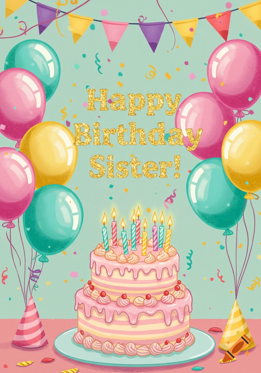 A vibrant birthday greeting card illustration with a two-tier pink cake, lit candles, colorful balloons, party hats, and glittery 'Happy Birthday Sister!' text.