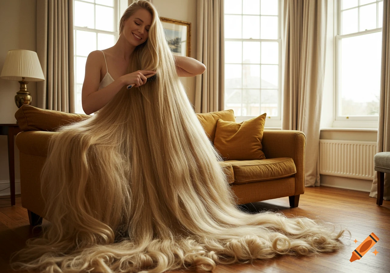A smiling woman with very long, blonde hair brushes it as it covers the couch and spills onto the floor of a living room.