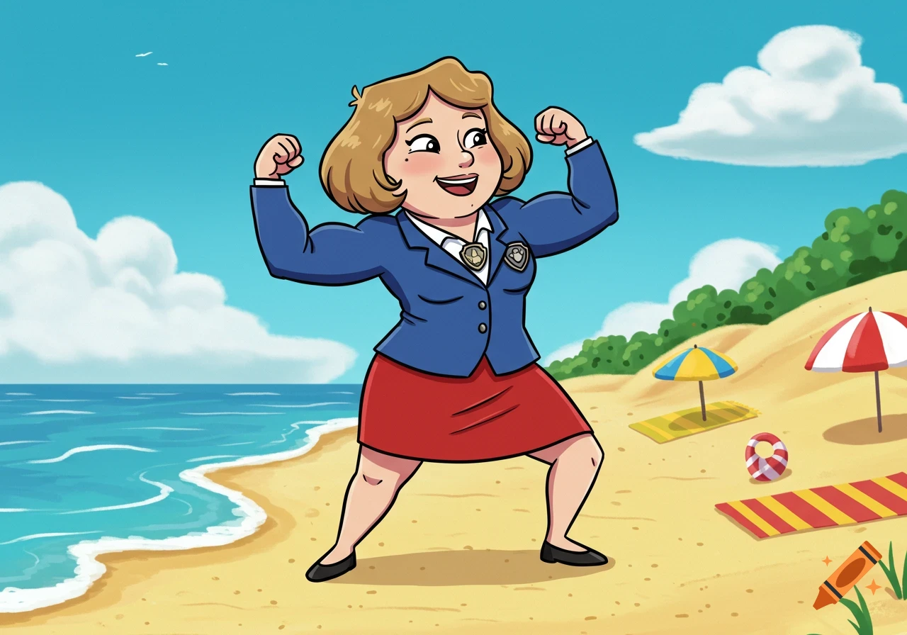 Cartoon of Mayor Goodway from Paw Patrol flexing her muscles on a beach.
