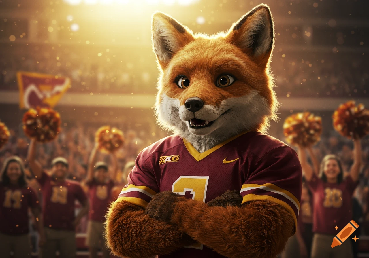 A smiling, realistic digital fox mascot wearing a burgundy and gold jersey, standing confidently in a bright, sunlit stadium with cheering fans in the blurred background.