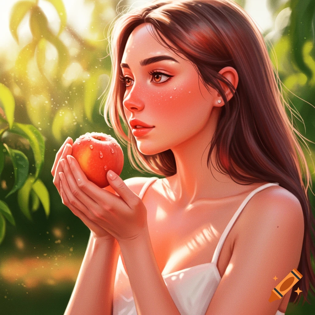 A young woman in a white top holds a dew-kissed red apple in a sunny garden, digital painting.