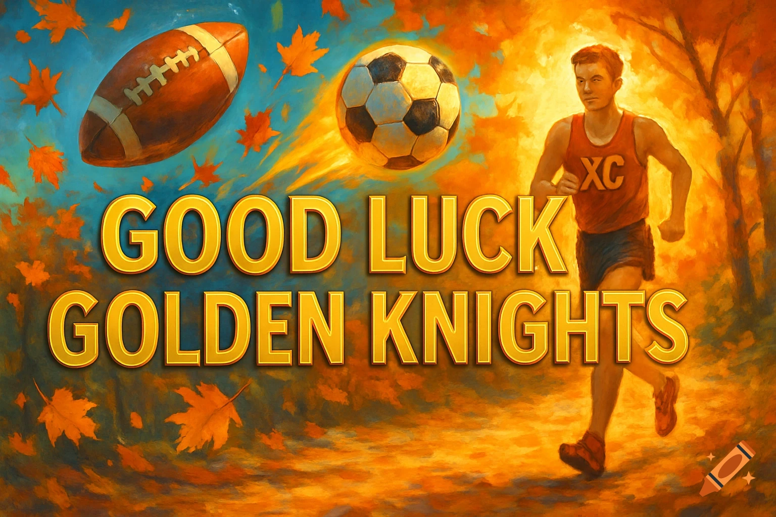 A painterly image with 'GOOD LUCK GOLDEN KNIGHTS' text, a runner, football, soccer ball, and autumn leaves.