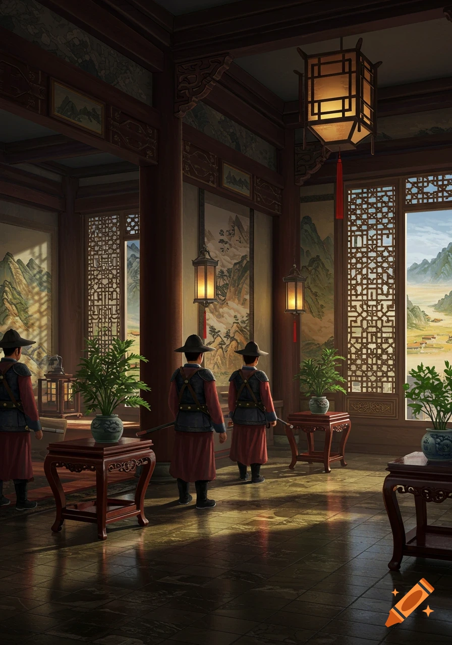 Three guards in traditional attire stand in a grand, ornate Chinese hall with detailed woodwork, lanterns, and large windows looking out to mountains.