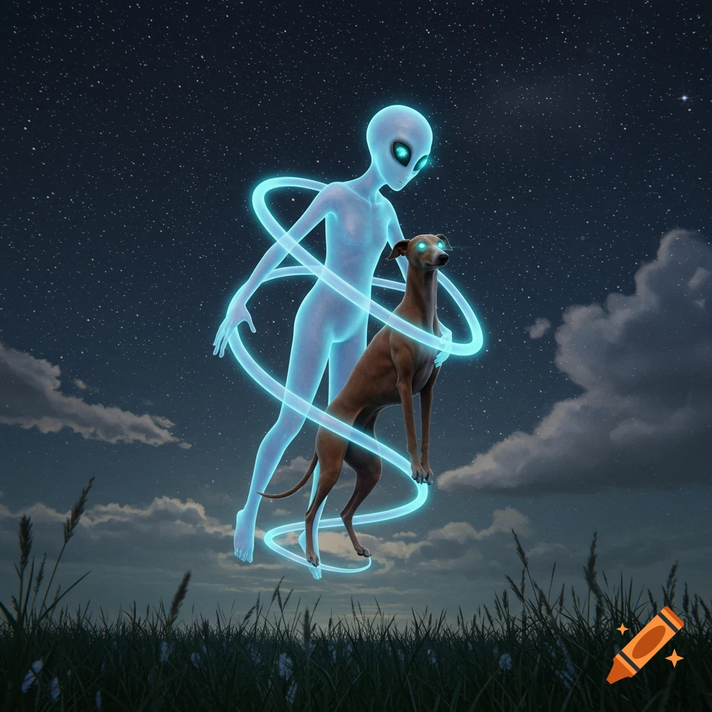 A glowing blue alien floats with a brown greyhound in a starry night sky above a grassy field.