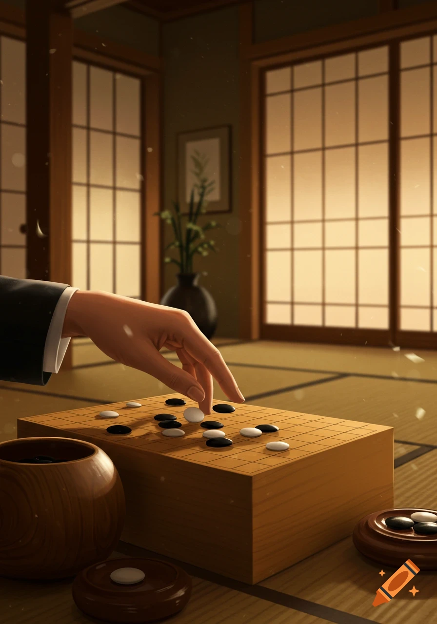 A hand places a white stone on a Go board in a traditional Japanese room with shoji screens. Digital art.