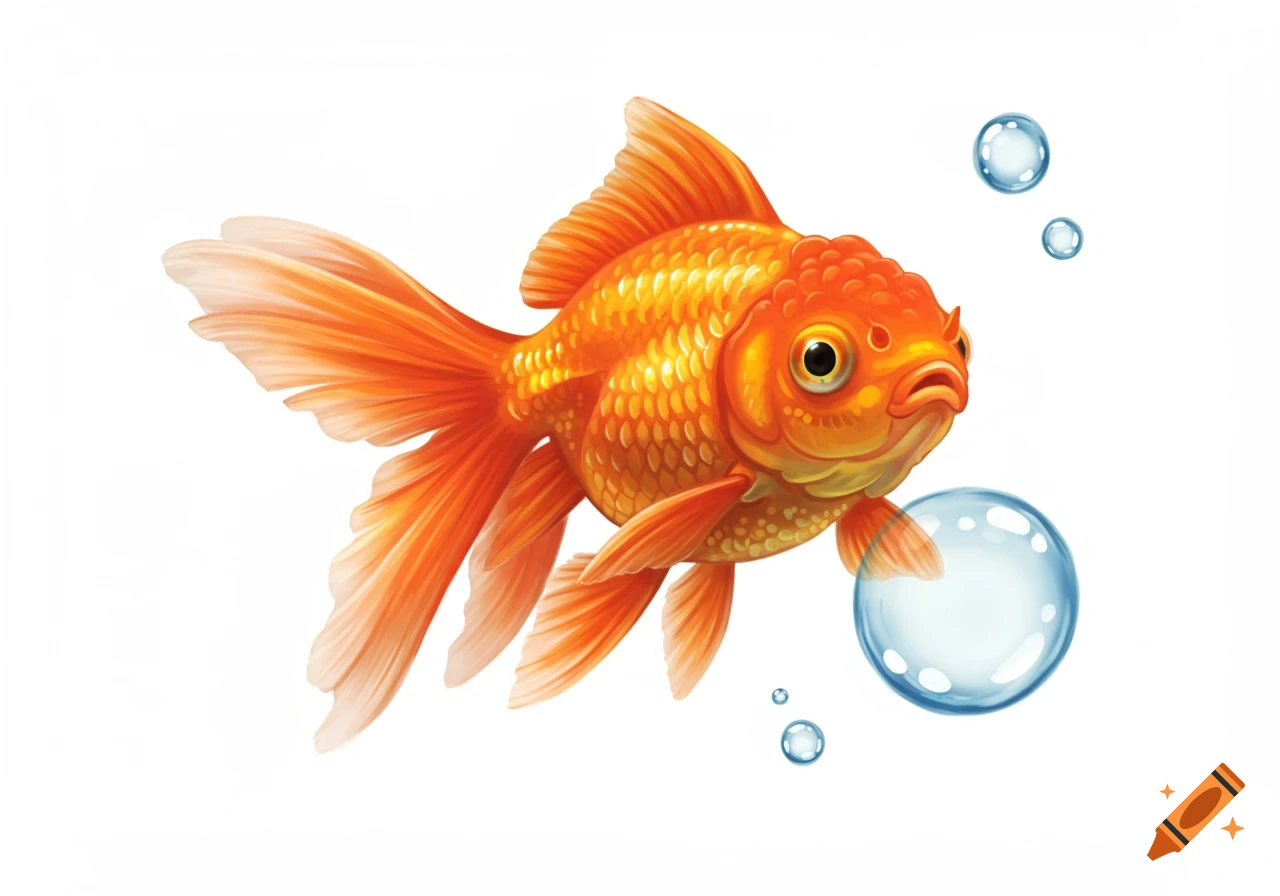 A brightly colored orange goldfish with flowing fins swims with bubbles around it, illustrated digitally.