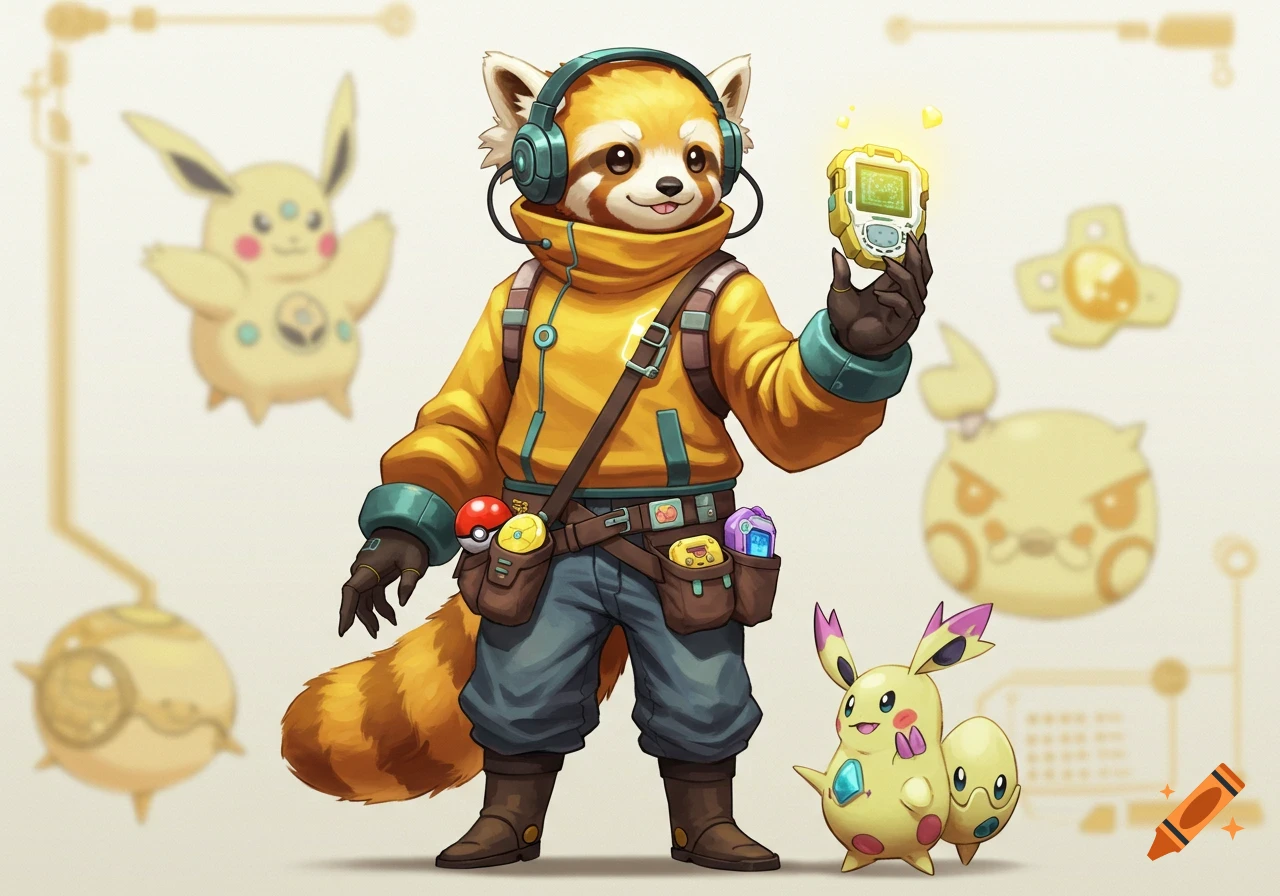 A stylized red panda character in a yellow jacket and headphones holds a glowing digital device, with Pokeballs on their utility belt and blurred Pokemon-like figures in the background.