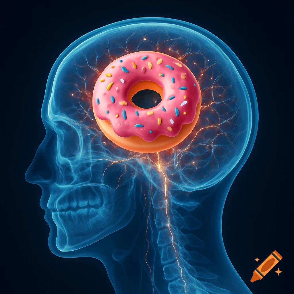 An X-ray of a human head in profile, showing a glowing pink donut with sprinkles inside the skull, connected by glowing nerves.