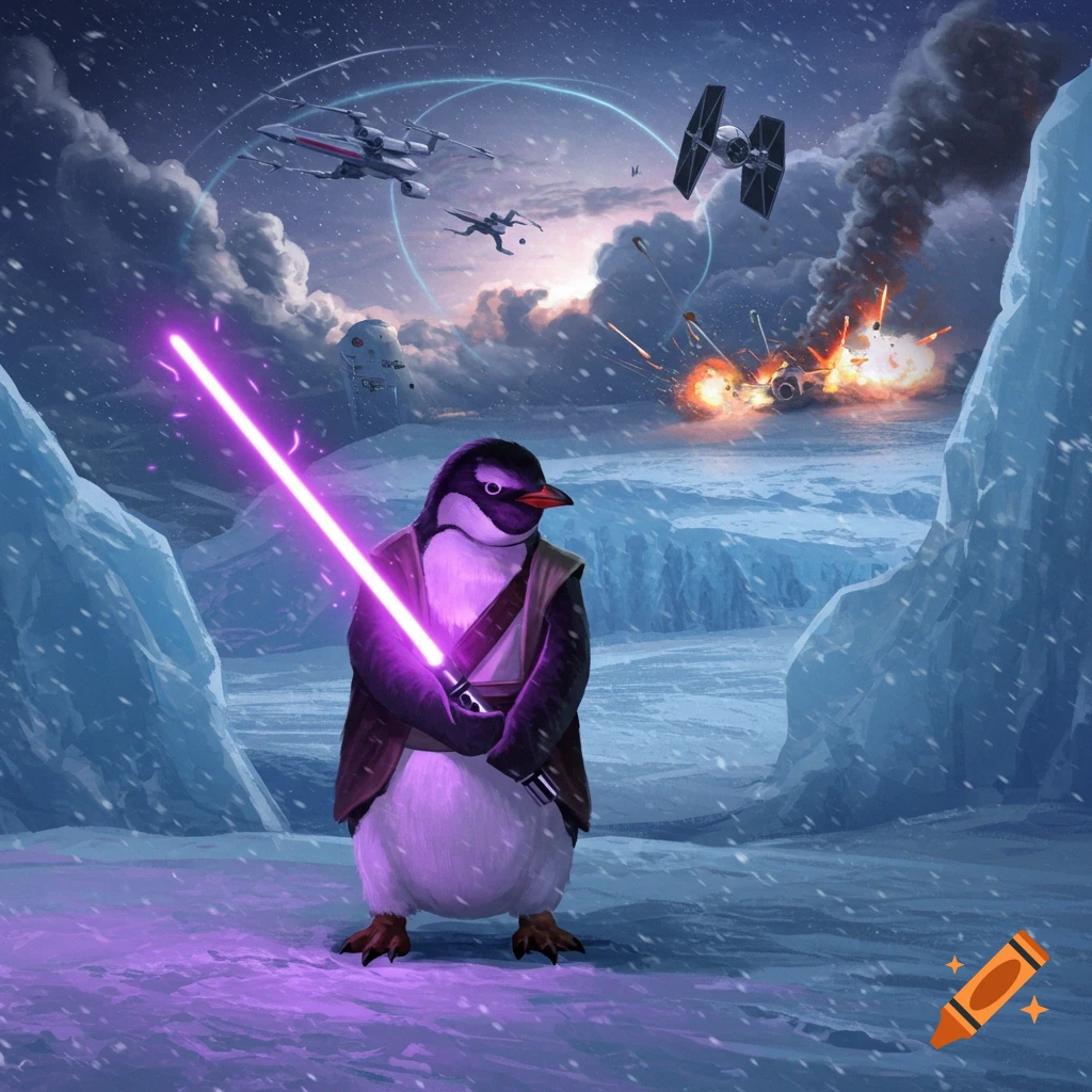 A penguin Jedi in a snowy landscape holds a purple lightsaber as X-wing and TIE fighters battle in the sky.