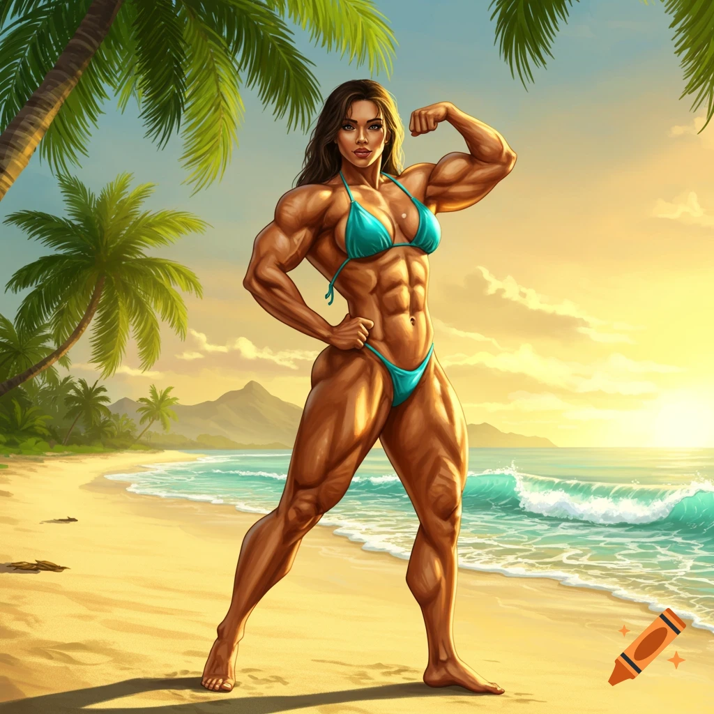 Illustration of a muscular woman in a blue bikini flexing her bicep on a sunny tropical beach with palm trees and ocean.