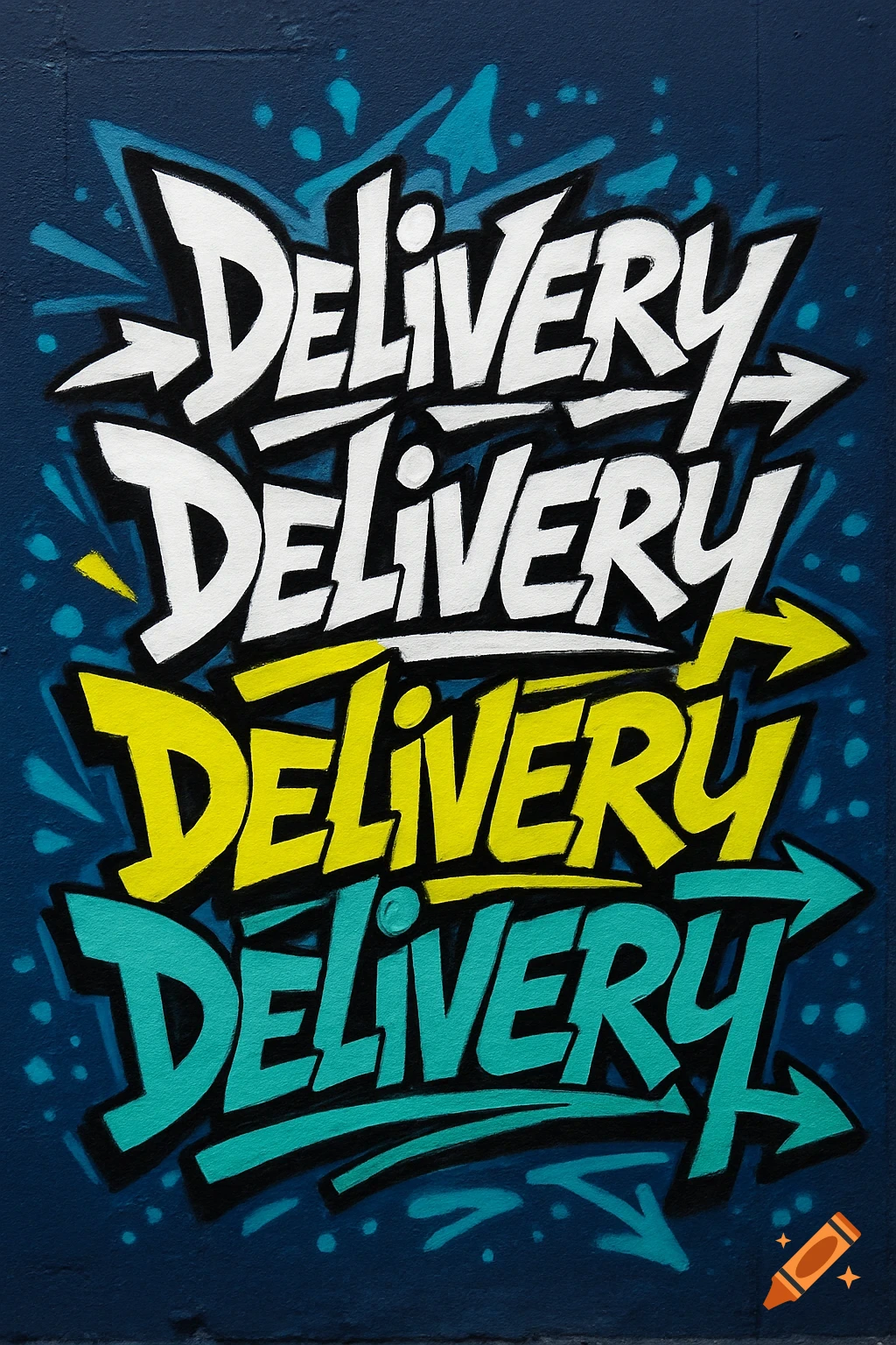 Bold, layered graffiti art spelling 'Delivery' four times in white, yellow, and teal on a dark blue background with arrows.