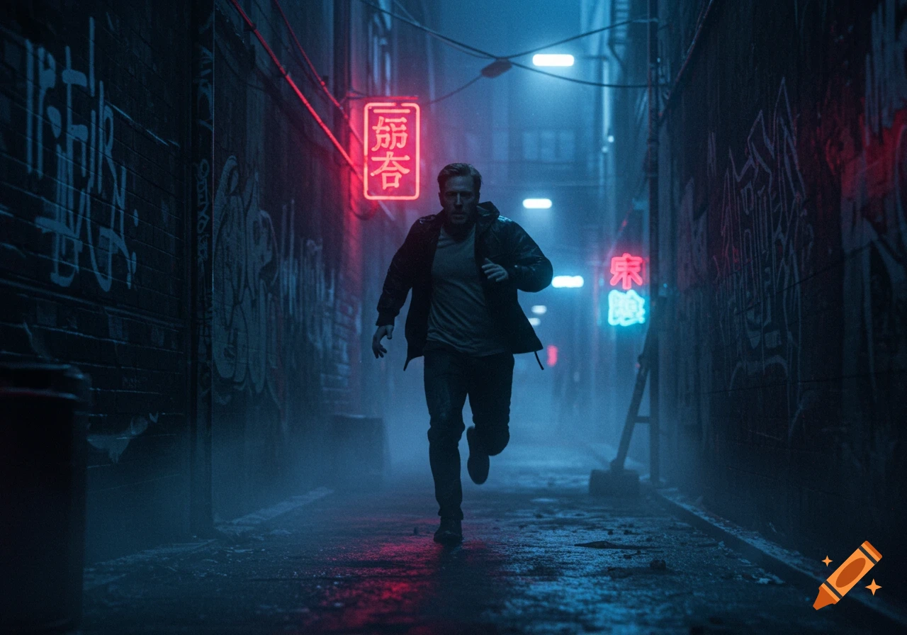 A man runs through a dark, wet urban alley illuminated by red and blue neon signs and graffiti, evoking a cyberpunk thriller atmosphere.