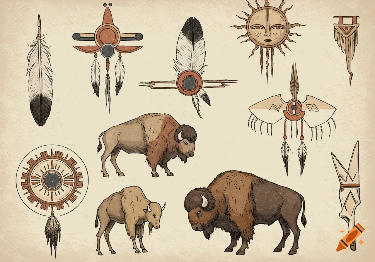 Hand-drawn illustrations of Great Plains Native American symbols and bison on a textured background.