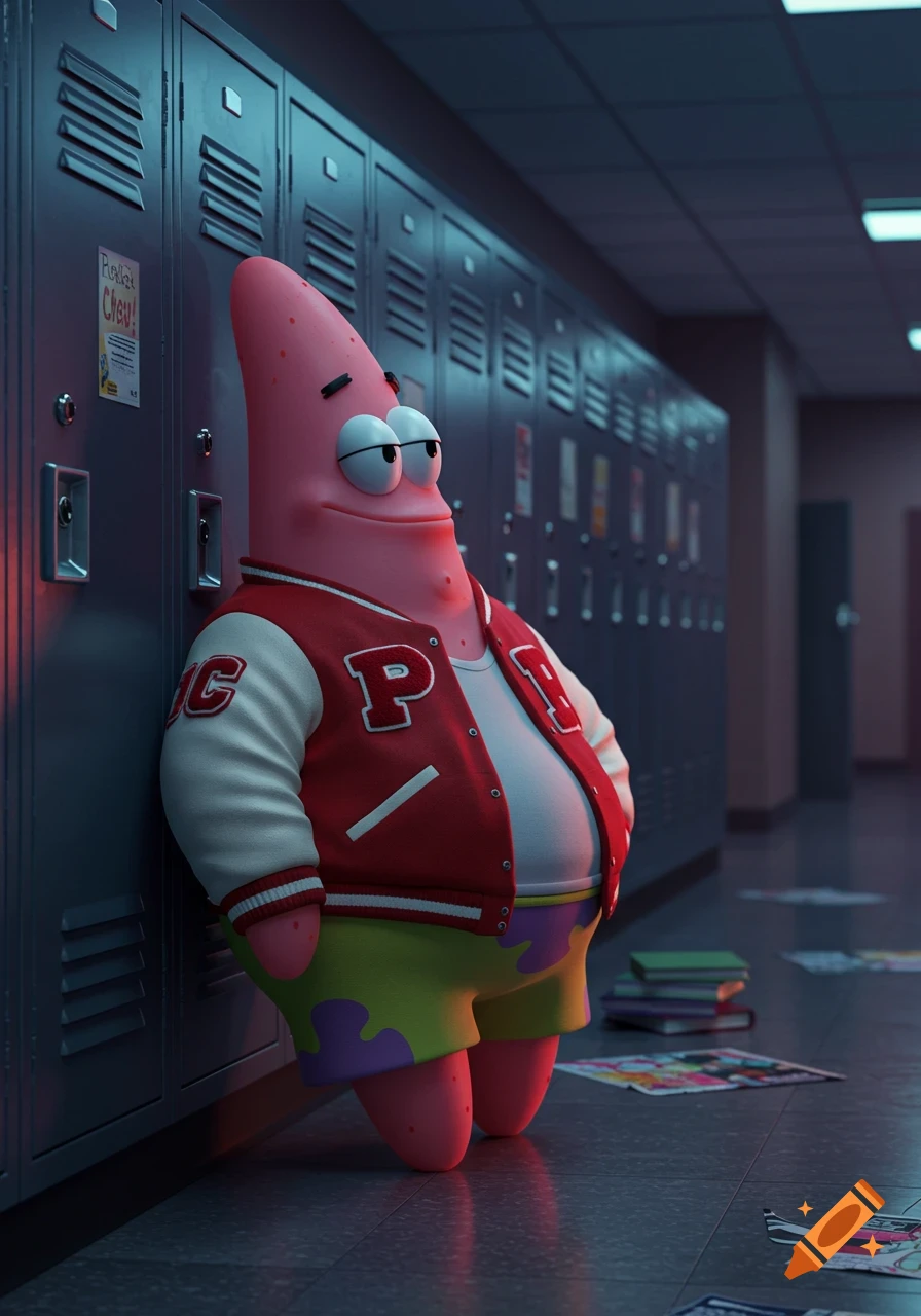 3D rendered image of Patrick Star in a varsity jacket leaning on lockers in a dimly lit school hallway.