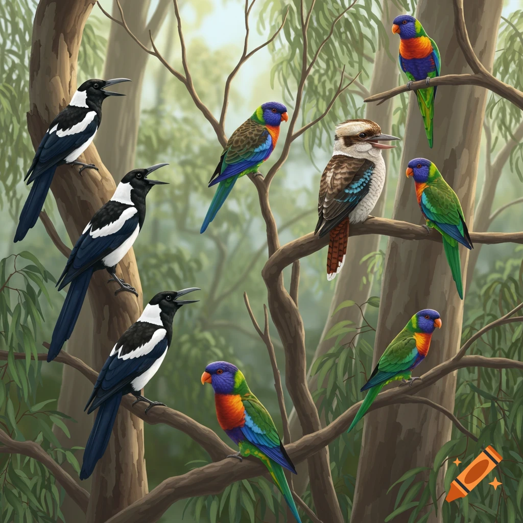 Multiple Australian birds, including magpies, lorikeets, and a kookaburra, perched on branches in a eucalyptus forest.