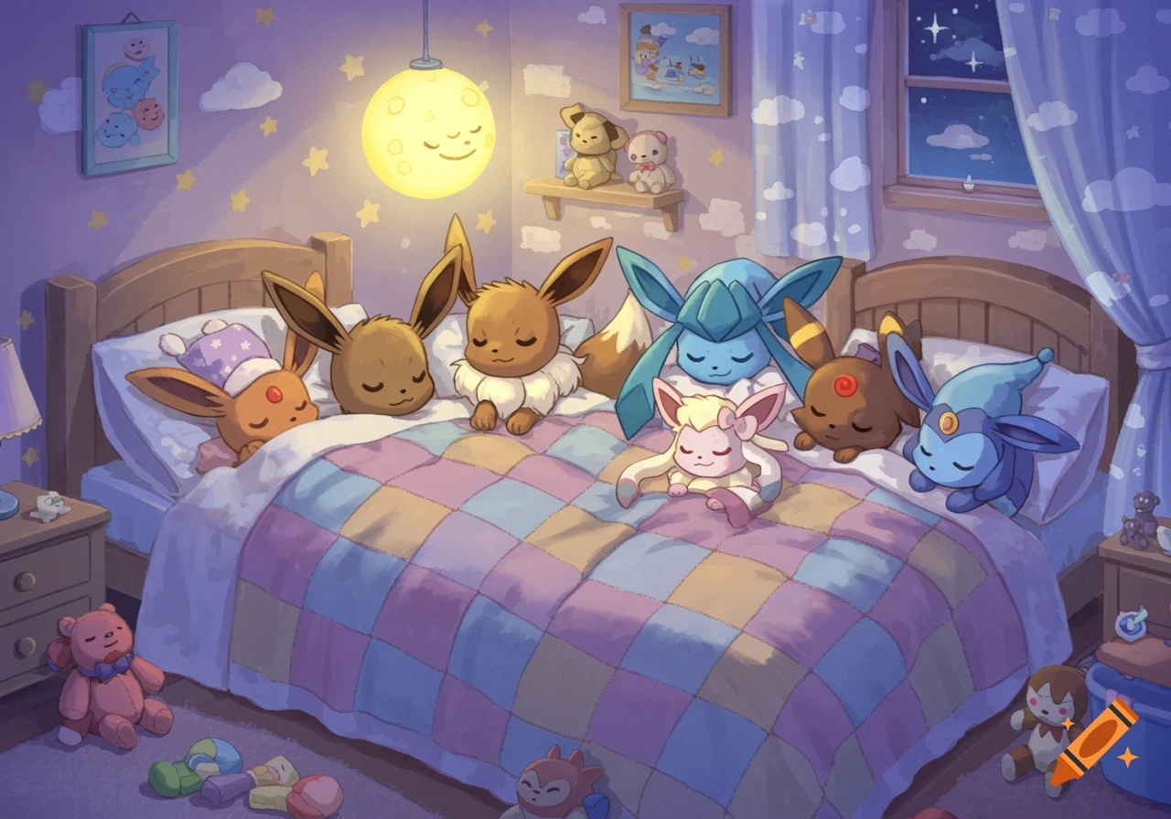 Multiple Eevee and Eeveelution Pokemon sleeping cozy in a large bed in a bedroom under a full moon light, cartoon style.