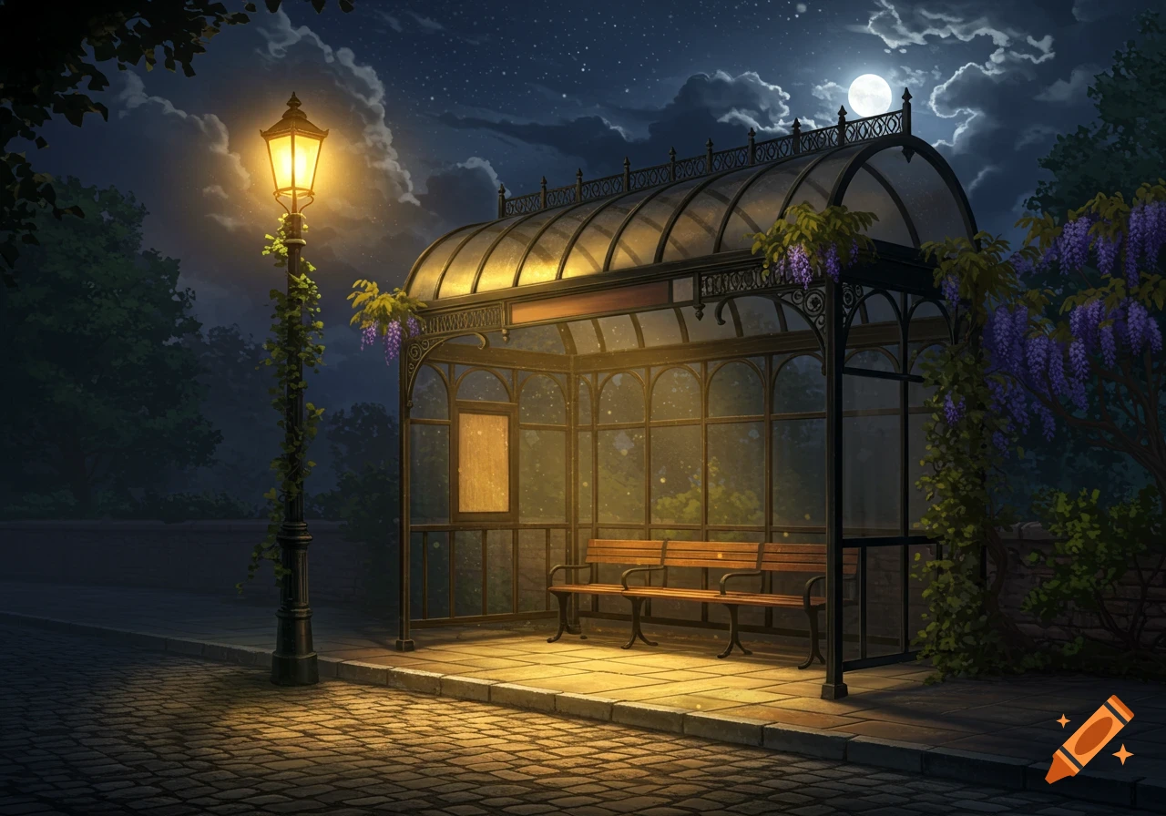 A Victorian-style bus shelter at night, lit by a street lamp under a full moon and cloudy sky.