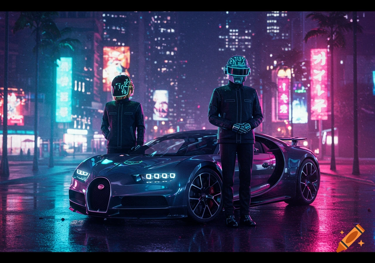 Two futuristic figures with glowing helmets stand beside a dark sports car on a wet street in a neon city at night.
