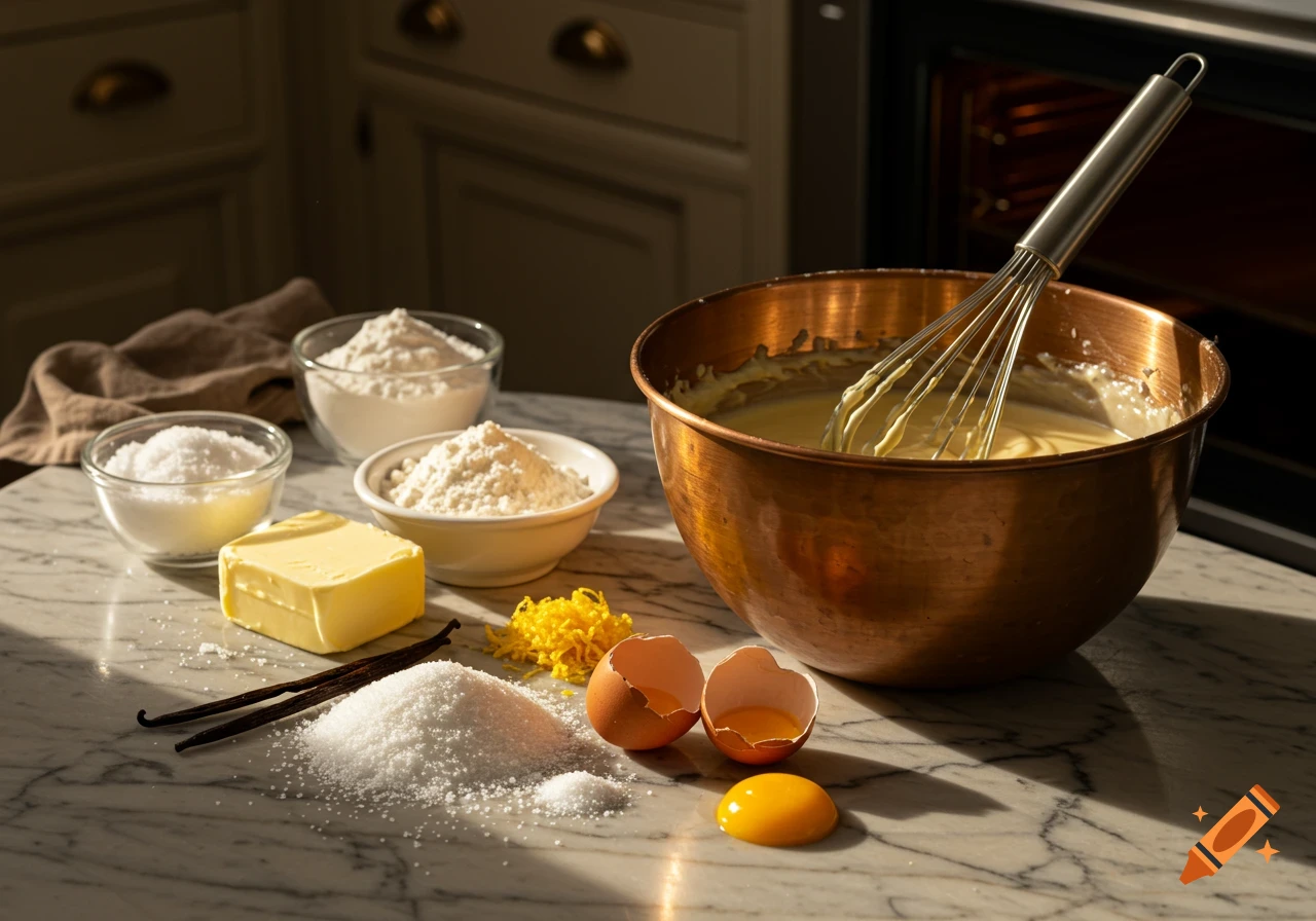 Baking ingredients on a marble counter, including a copper bowl with batter, whisk, flour, sugar, butter, eggs, and vanilla pods, under dappled light.