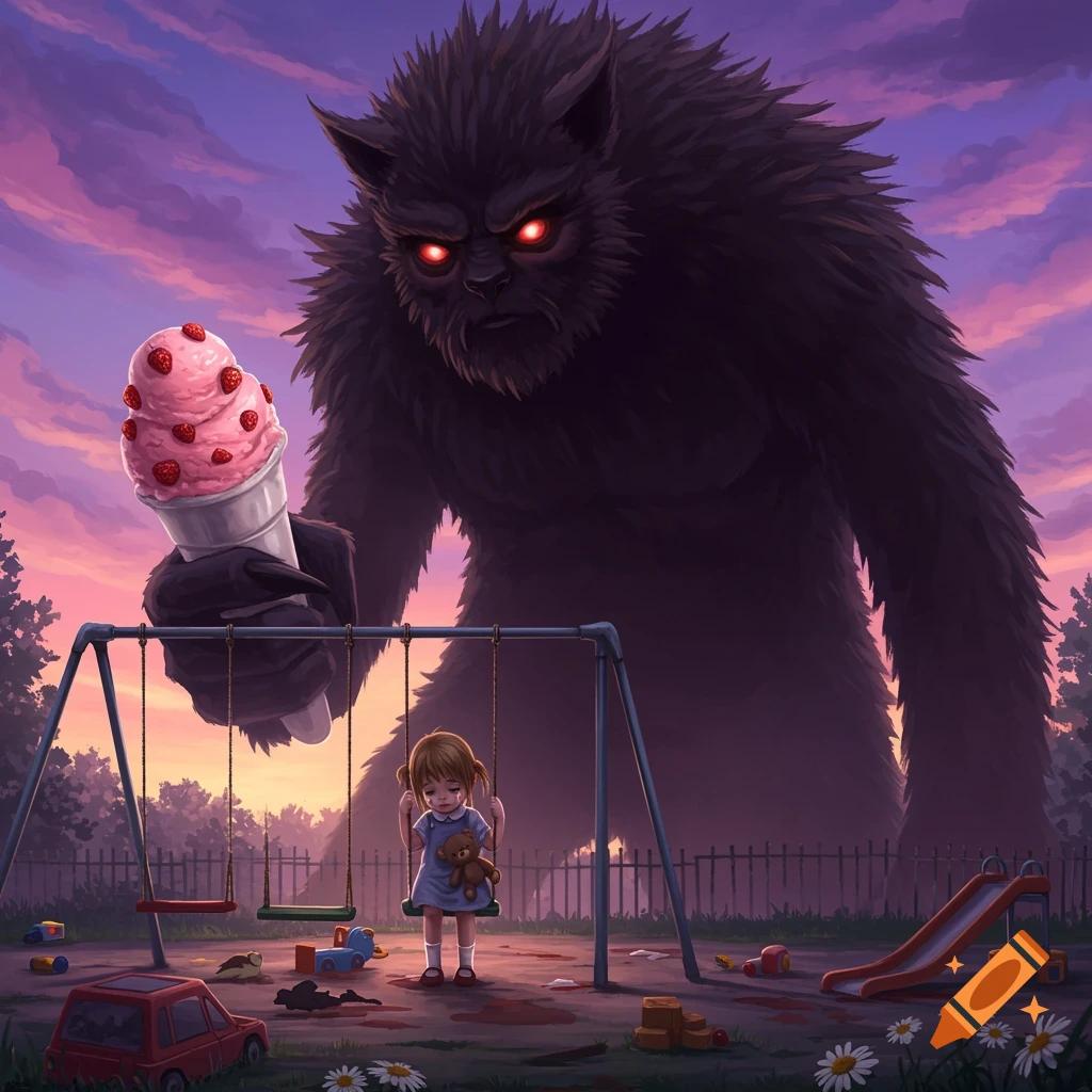 A large, furry monster with glowing red eyes holds an ice cream cone over a crying girl on a playground swing set at sunset, in an illustrative style.