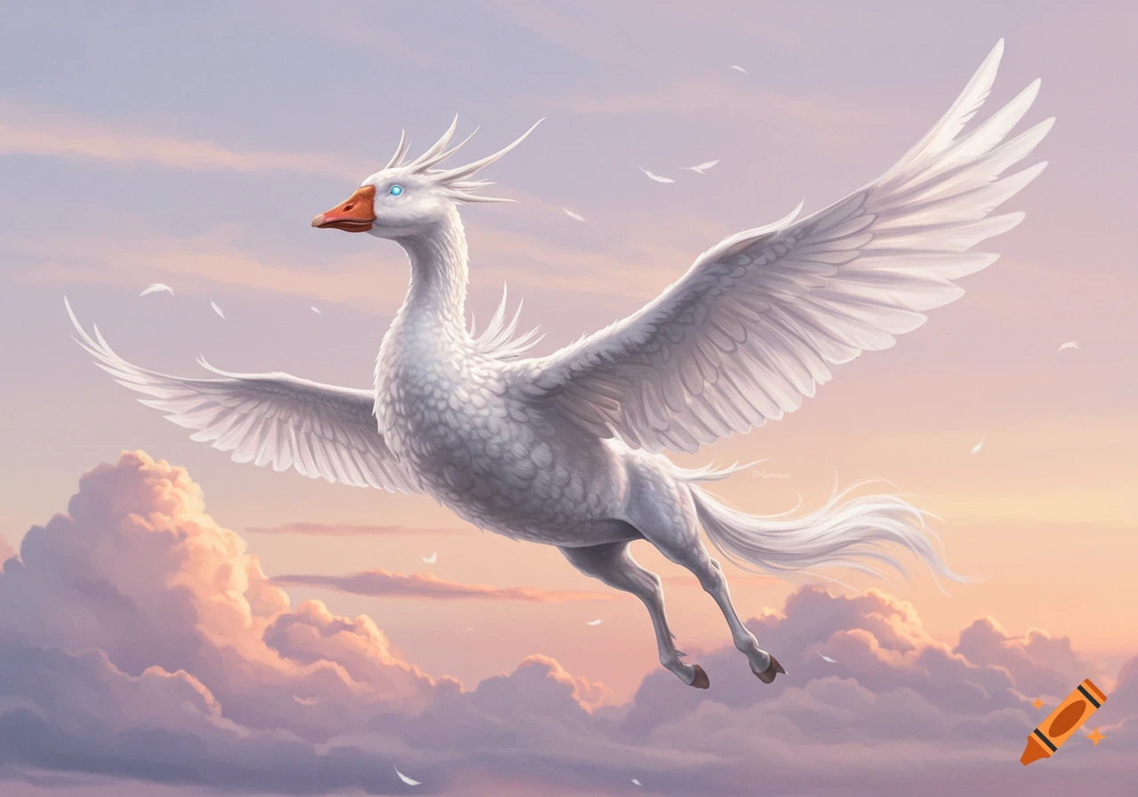A white feathered goose-horse creature with large wings flies through a pastel pink and purple sky.