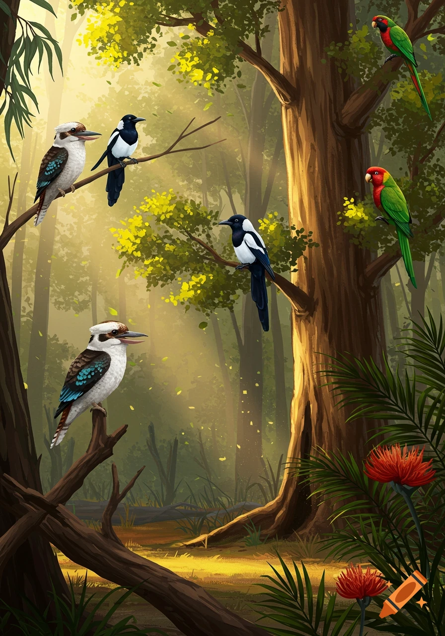 Kookaburras, magpies, and parrots perch on tree branches in a sunlit forest, surrounded by green foliage and red flowers.