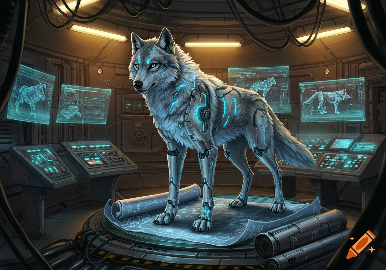 A grey cybernetic wolf with glowing blue accents stands in a futuristic laboratory with holographic screens and blueprints.