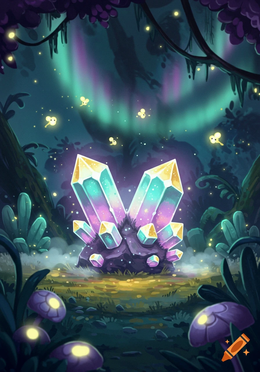 A vibrant, cartoonish illustration of large, glowing, colorful crystals nestled in a dark, enchanting forest with fireflies and luminous mushrooms.