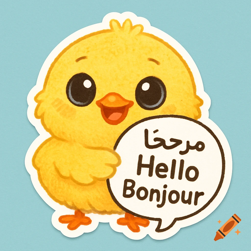 A cute cartoon baby chick sticker smiling and holding a speech bubble that says "مرحباً Hello Bonjour" in Arabic, English, and French.
