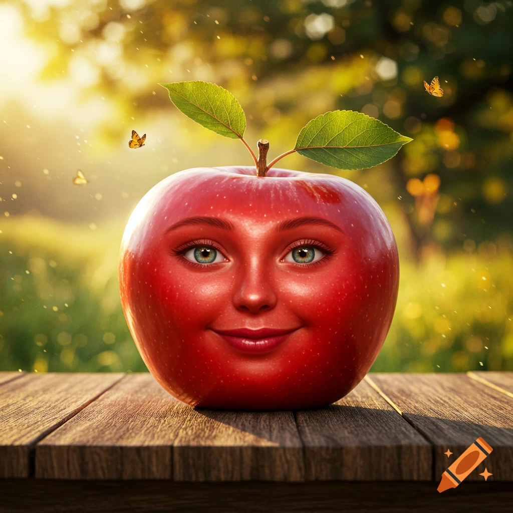A photorealistic red apple with human eyes, nose, and smiling mouth sits on a wooden table, with a blurred sunny green outdoor background.