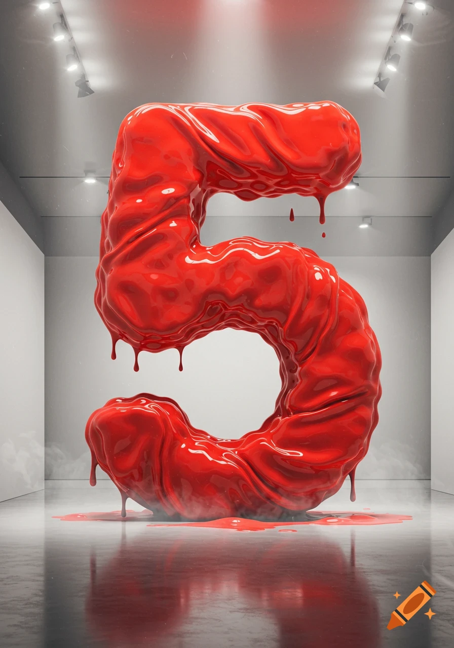 A large, glossy, red number 5, textured like draped fabric and dripping, stands in a brightly lit white art gallery.