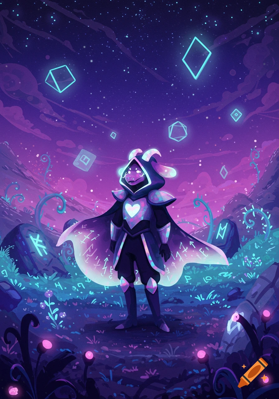A goat-like character in glowing armor and cape stands in a purple and blue mystical landscape under a starry sky with floating geometric shapes.