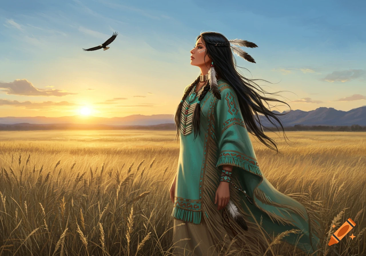 A painting of a Native American woman in traditional attire in a golden field at sunset, looking up at an eagle flying.