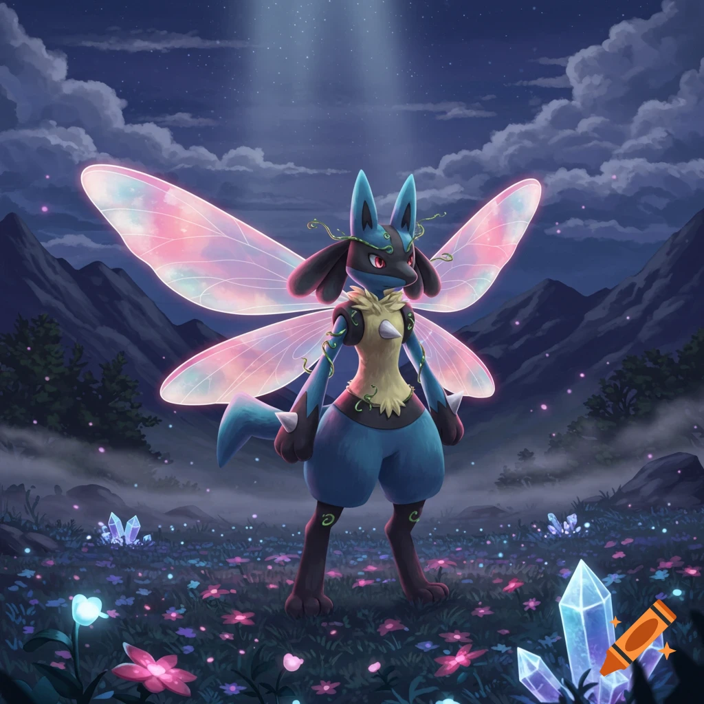A fairy-winged Lucario stands in a mystical night forest with glowing flowers and crystals under a starry sky and mountains.