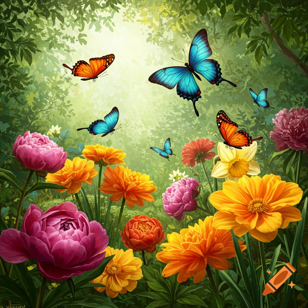 Vibrant garden scene with colorful butterflies flying among blooming pink peonies, orange marigolds, and yellow daffodils under a sunlit canopy.