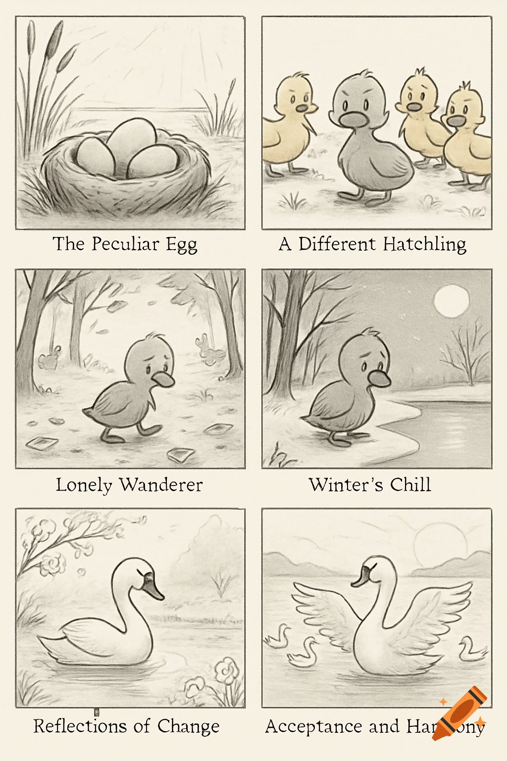 A 6-panel sketch storyboard of The Ugly Duckling's journey, showing eggs, a different hatchling, a lonely wanderer, winter, transformation into a swan, and acceptance.