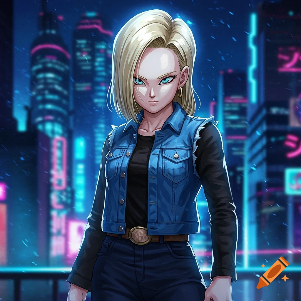An anime illustration of Android 18 from Dragon Ball Z, featuring a blonde woman with blue eyes and a determined expression, wearing a denim jacket and black shirt, set against a vibrant neon cityscape at night.