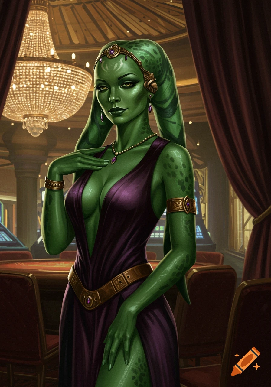 A green-skinned alien woman in a purple dress with jewelry stands in a casino.