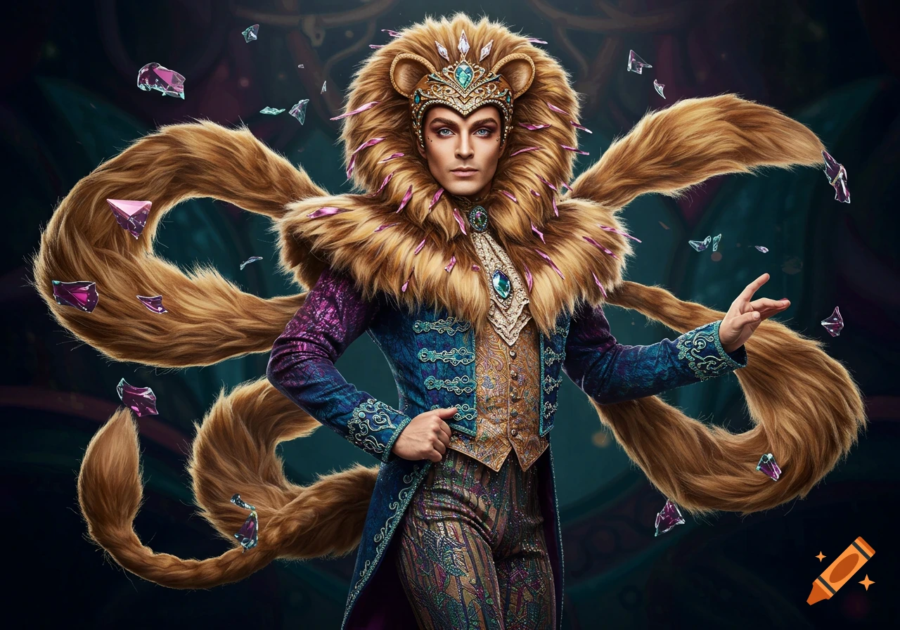 A person in an ornate, high-fashion theatrical costume featuring a lion's mane and fur, with a vibrant suit and floating crystals.