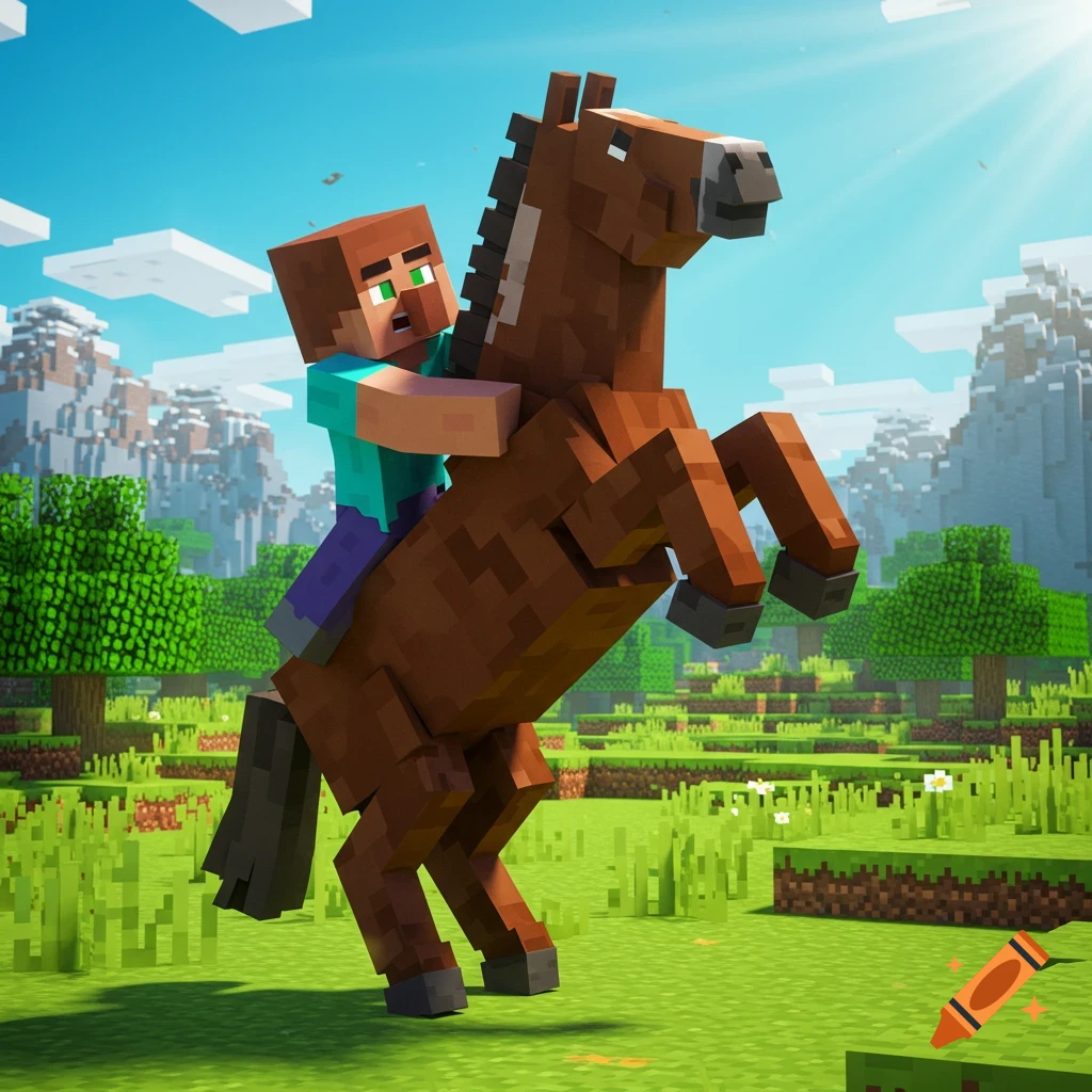 Minecraft character riding a bucking brown horse in a blocky green landscape.