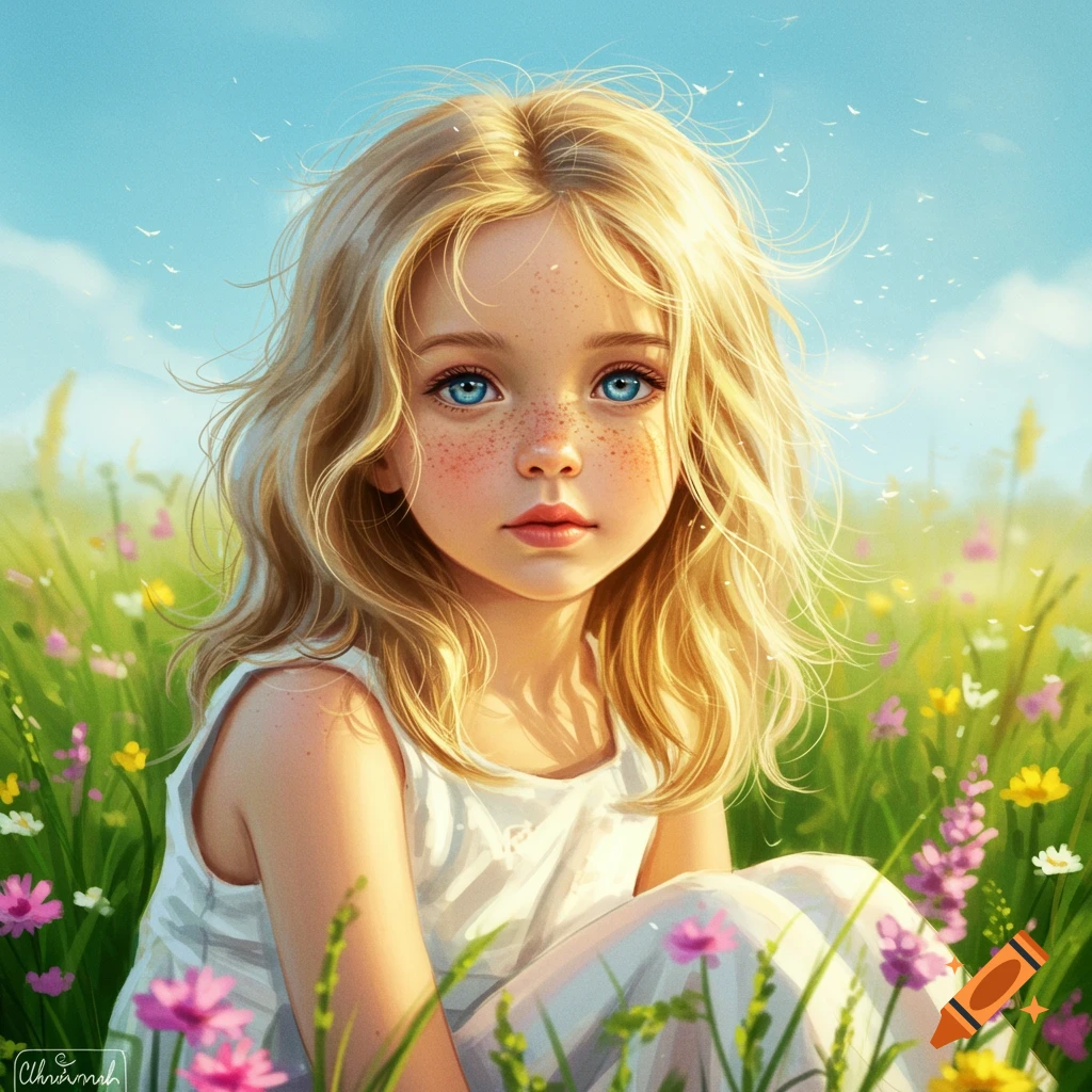 A stylized illustration of a young girl with blonde hair, blue eyes, and freckles, sitting in a field of colorful flowers under a bright blue sky.