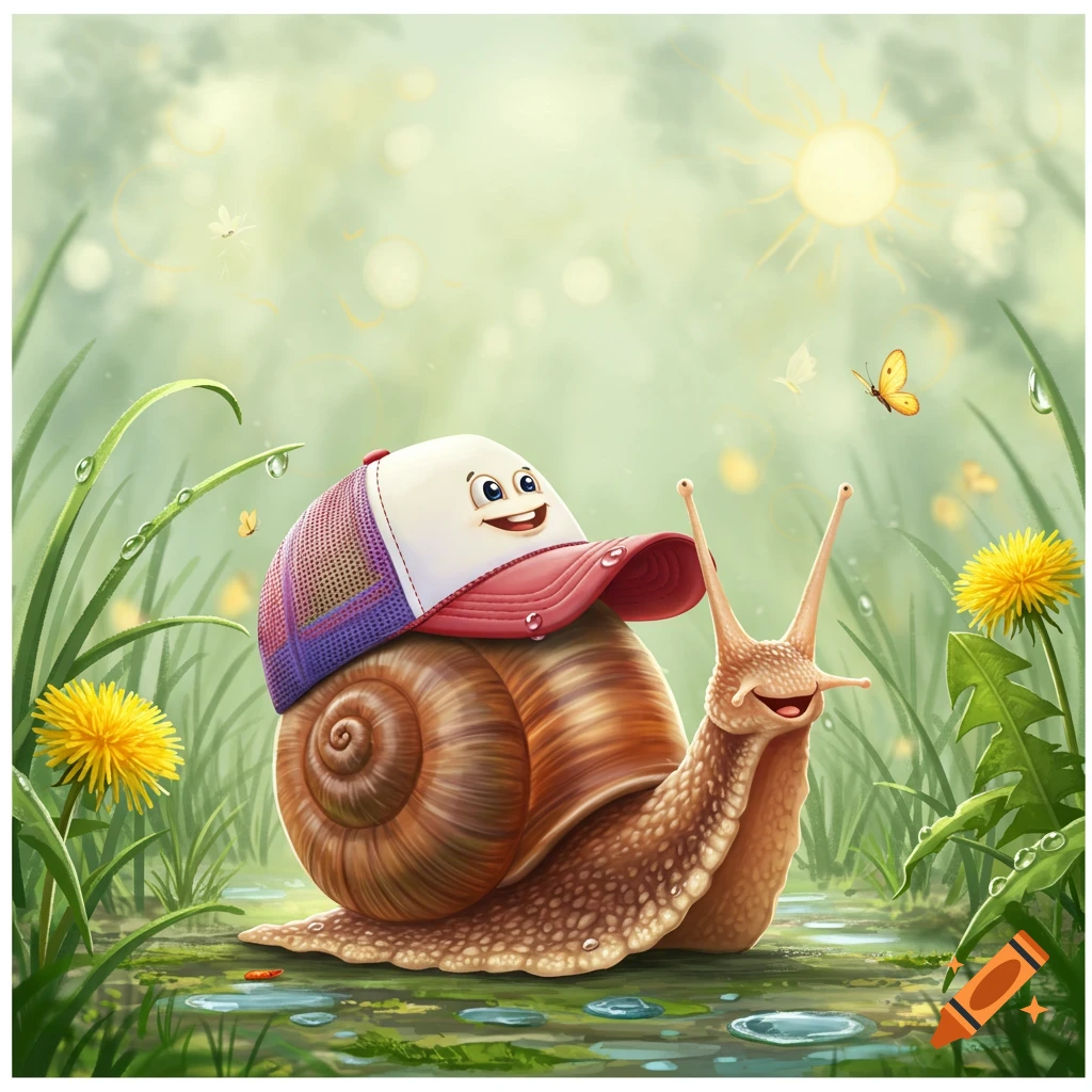 A cute cartoon snail wearing a pink and white trucker hat as its shell, in a lush green environment with dandelions and water puddles under a sunny sky.