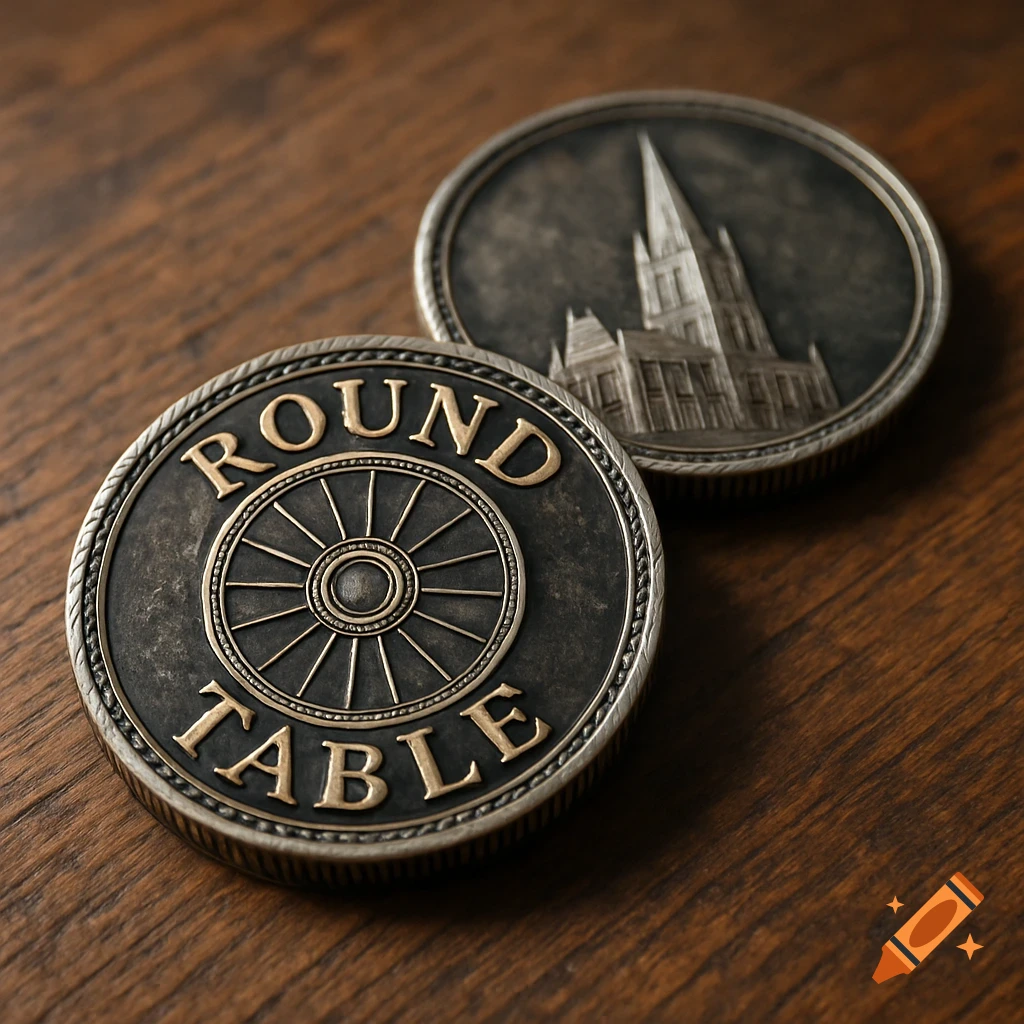 Two antique silver coins on an aged oak table. One coin features a Round Table emblem, the other a church spire.