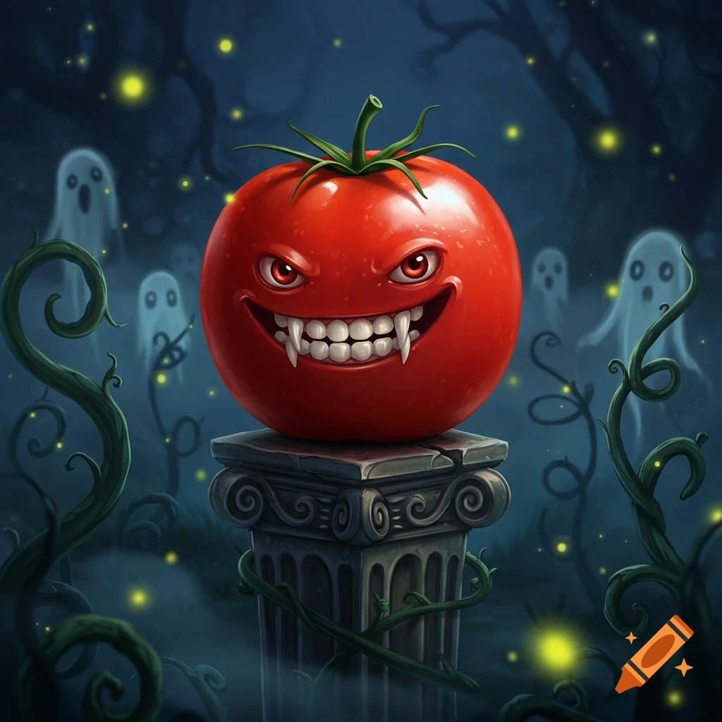 A cartoon vampire tomato with fangs and red eyes sits on a pedestal in a spooky, misty forest with ghosts and fireflies.