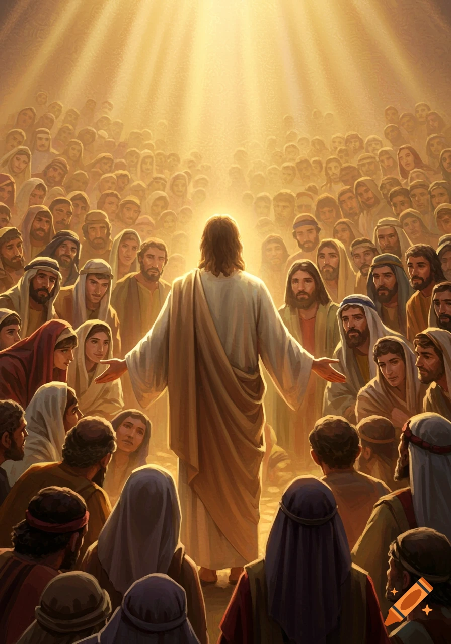 Jesus stands before a diverse crowd, seen from behind, as golden heavenly light shines down. Illustrative religious art.