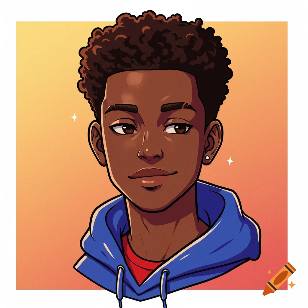 Anime-style portrait of a young Black male with curly hair, wearing a blue hoodie, on an orange gradient background.