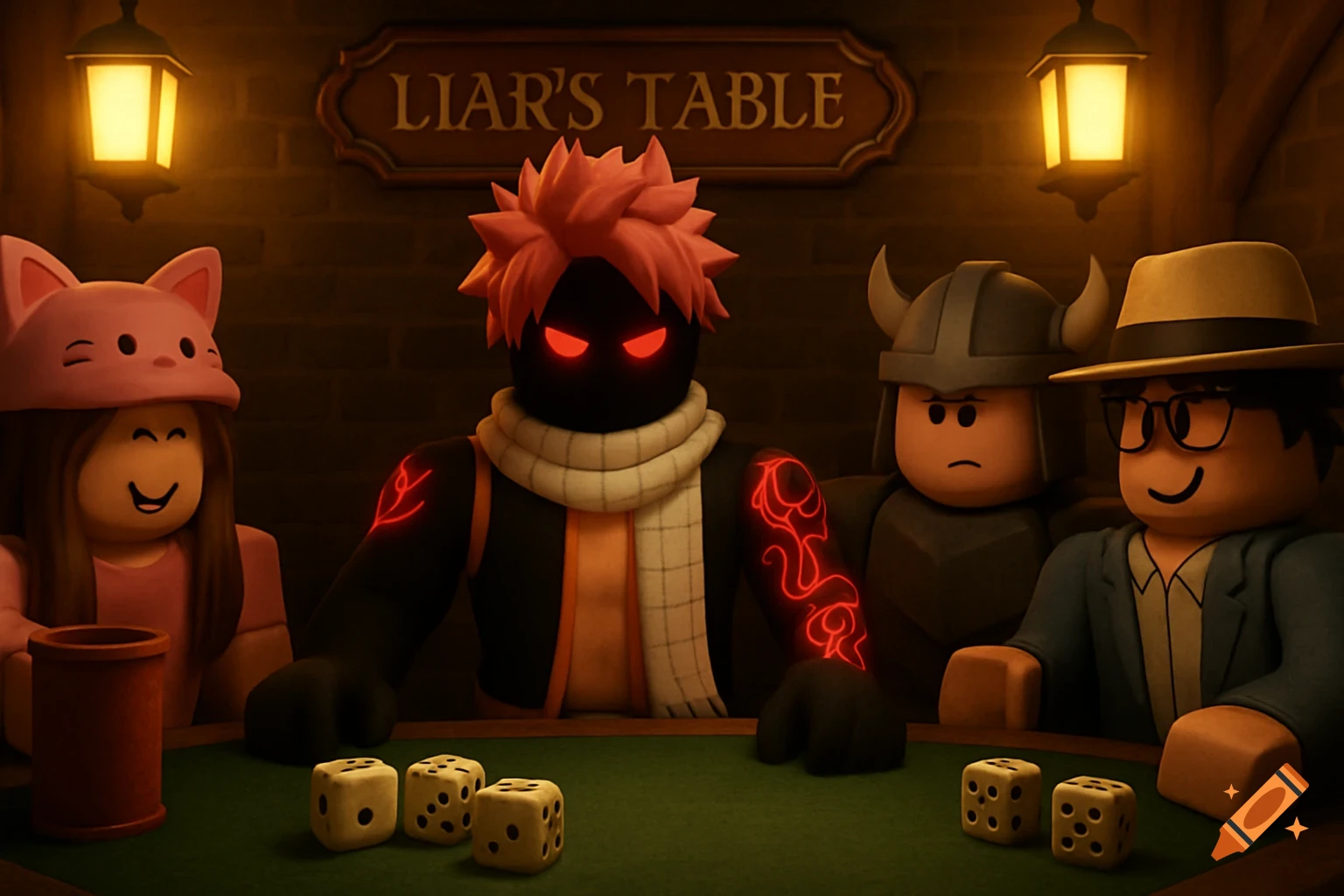 Four Roblox characters, including one with red glowing eyes, play dice at a table under a 'Liar's Table' sign.