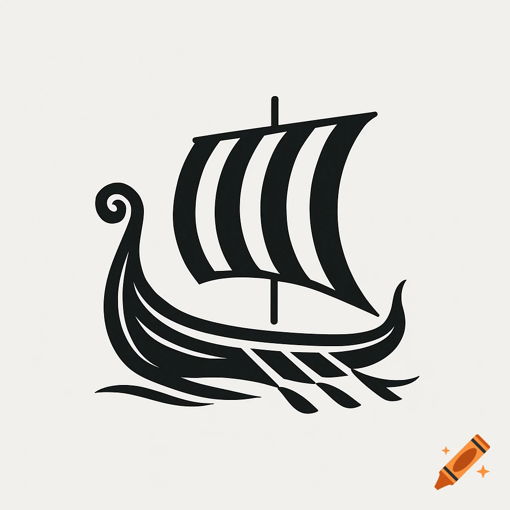 Black minimalist illustration of a Viking longship with a striped sail, on water.