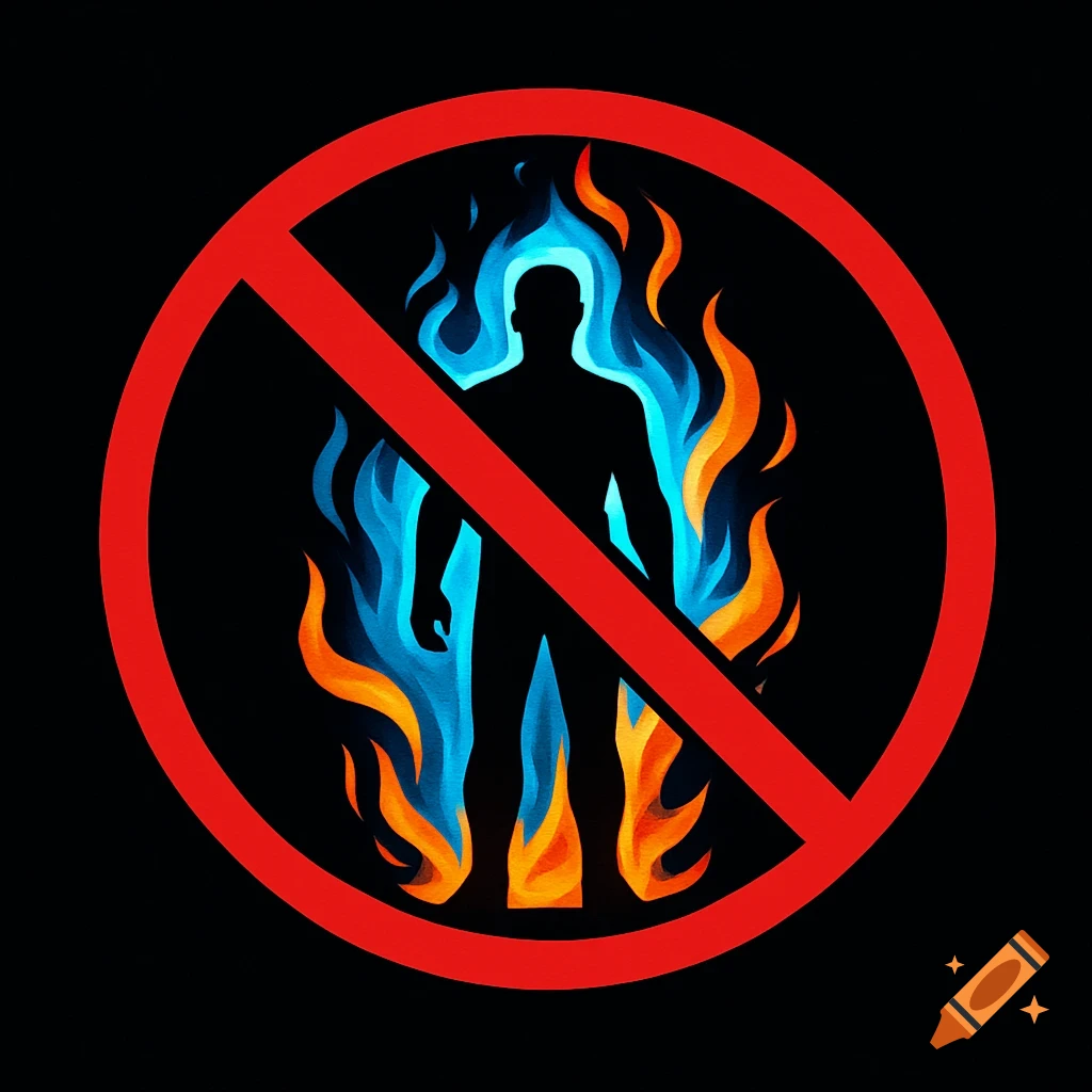 A black silhouette of a person engulfed in blue and orange flames inside a red prohibitory circle on a black background.