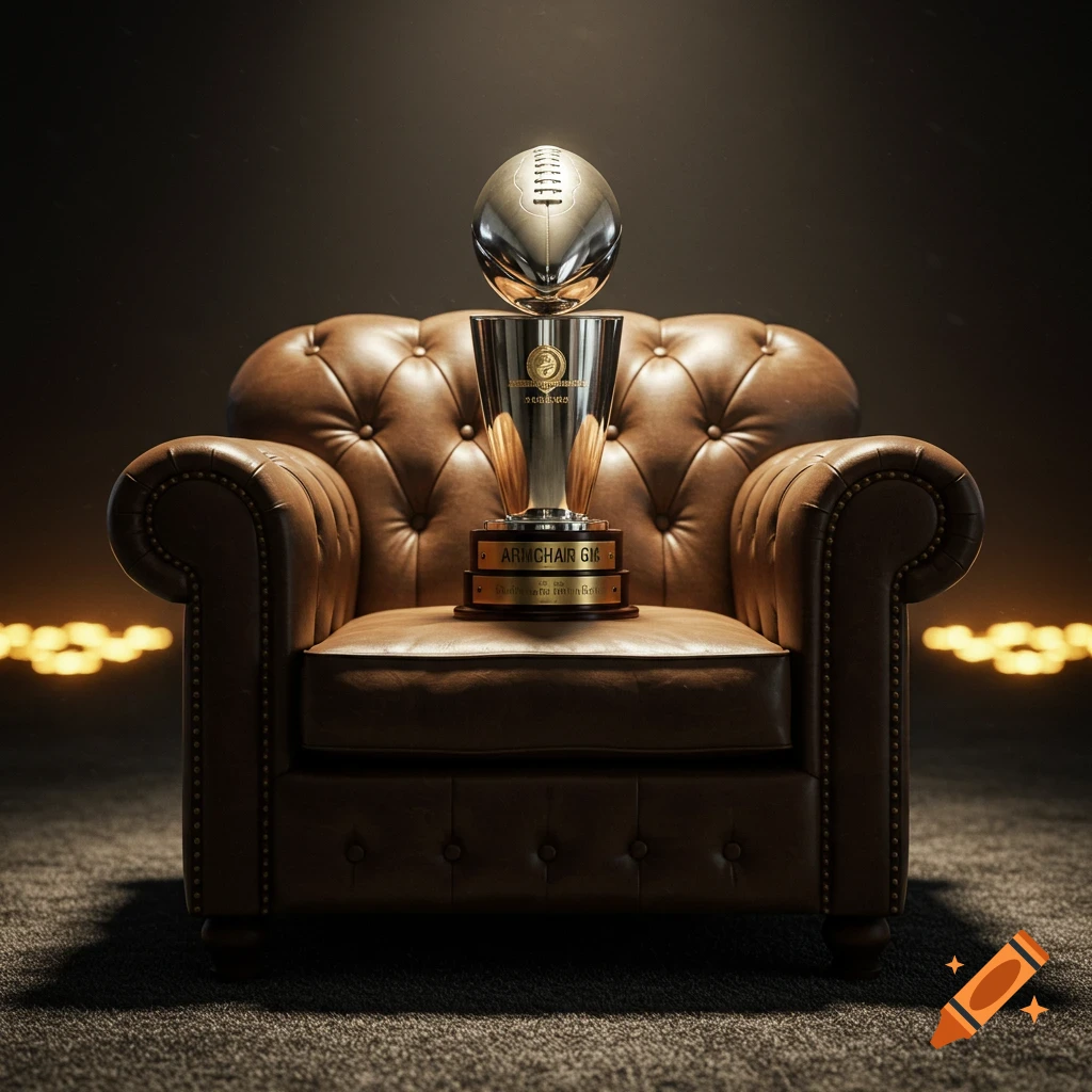 A glossy silver football trophy with "ARMCHAIR GMs" written on its base, resting on a brown leather armchair in a dark room.